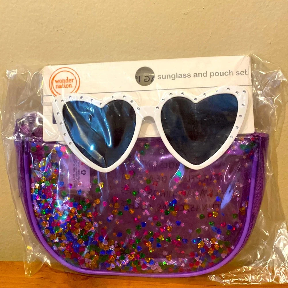 Wonder Nation White heart shaped sunglasses w crystal accents & pouch NIP